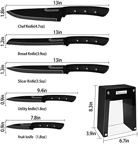 Комплет кујнски Нож, 6 Парчиња Црн Нерѓосувачки Челик Остар Нож За Готвење Комплет Со Акрилен Држач, Нелеплив Блок За Обложување Со Кутија За
