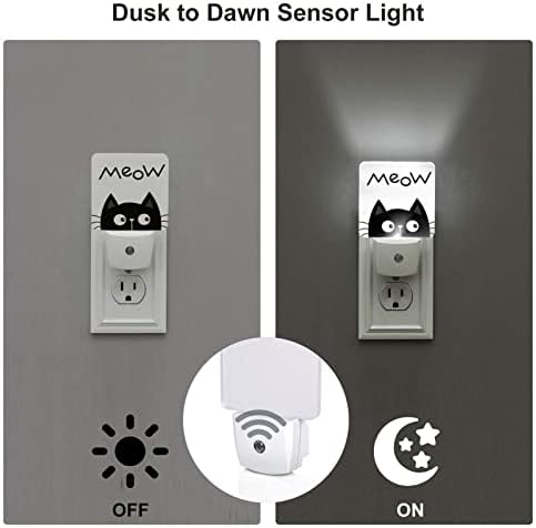 Dadabuliu Night Light 2 пакувања мачка црна бела LED ламба приклучок во wallид автоматски до зори сензор за ноќна светлина декоративна спална соба, тоалет, детска соба, расадник,