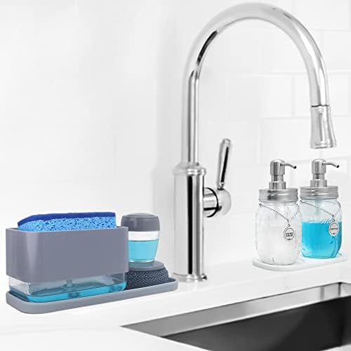 HVOVMVE 4 во 1 Поставете нова надградба, диспензерот за сапун за сапуни за мијалник за кујнски со сунѓер-држач-сад за дистрибуција