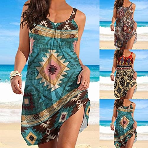 Womenените 2023 Боемски печати летен случај на лесен фустан без ракави, проток на плажа со макси фустан со макси фустан