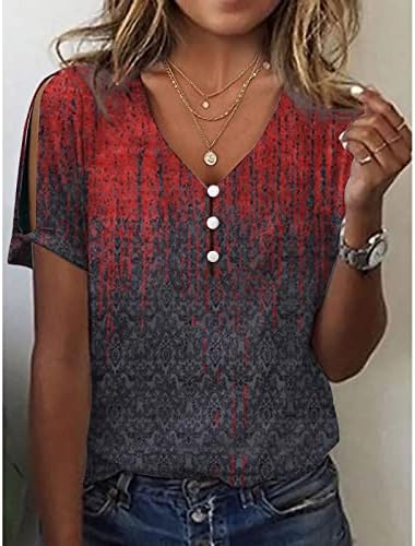 Плус големина на врвови за жени, копче за кратки ракави за кратки ракави V Врв кошула Трендовски маички за печатење мермер лето лабава мета