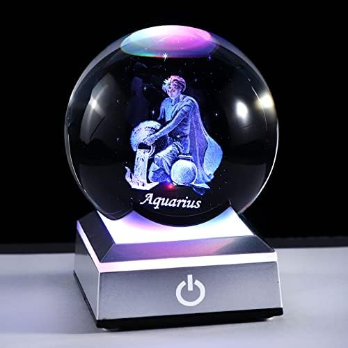 3Д аквариус соstвездие кристална топка со сребрена LED база 3.15in. Внатрешна врежана 3Д Водолија на астрологија стакло Декоративна хартиена