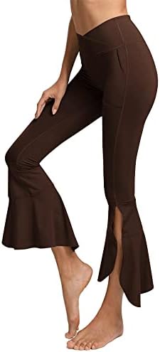Езобо женски кросовер половини јога панталони со џебна страна Сплит Руфл поглава хеланки широки панталони за вежбање на нозе