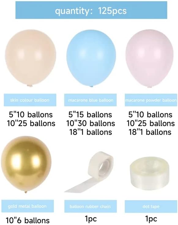 Полот на Мијана открива комплет за балони, со мешавина од сини, розови, голи и метални хромирани бои.