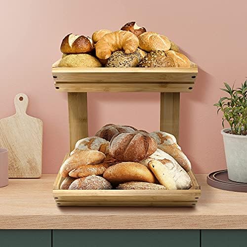 Sorbus Bamboo Fruite Basket Choulde Counter Counter Stand 2 Tier Rack, Home Storage Tiered Clay Display Spicle држач за леб, овошје, зеленчук