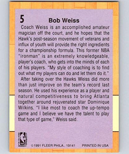 1991-92 Флеер Серија 1 Кошарка 5 Боб Вајс Атланта Хокс Ко официјална картичка за трговија во НБА