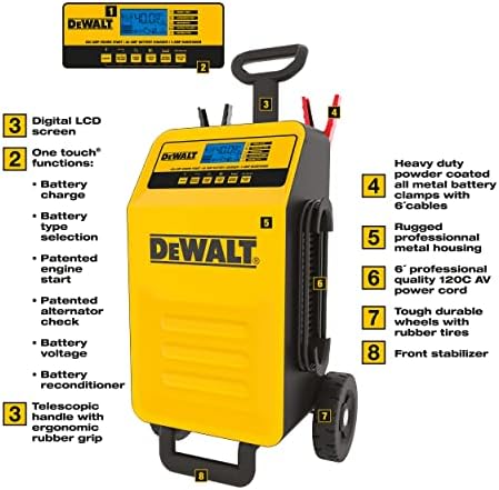 Dewalt DXAEC200 DXAE200 Професионален полнач за тркалачки батерии со 40-засилувачи и одржувач на 3-засилувачи со почеток на моторот со 200 засилувачи, жолто
