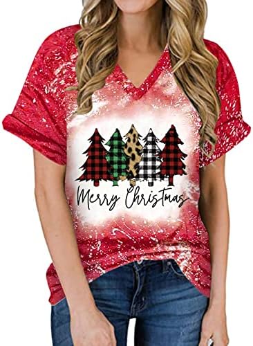 Изветвени кошули за жени новогодишни елки, врзани маички за боја, смешни Божиќни графички печатени врвови за кратки ракави