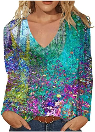 Длабоки V врвови на вратот за жени со долг ракав градиент Шарен цвет графички опуштено вклопување во обични блузи кошули тинејџерки девојки