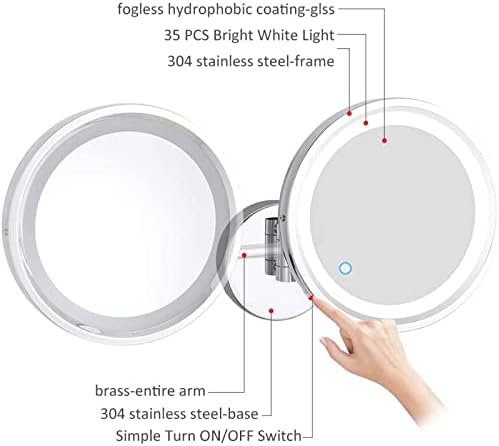 Прекинувач за затемнување на допир Огледало за шминка со светла и зголемување од 10x, LED wallид монтиран суета огледало, огледало