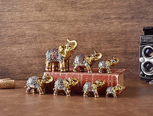 Mose Cafolo Feng Shui сет од 7 компјутери ~ гроздобер златен индиски слон семејство статуи богатство среќа фигурини дома декор