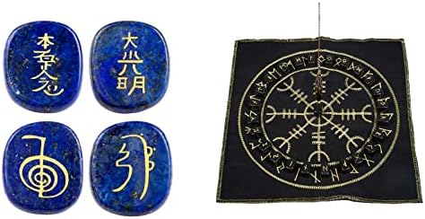 Mookaitedecor пакет - 2 артикли: 4 парчиња лапис лазули камења врежани чакра симболи палми камења и црни опсидијански руни камења сет и 6 фактиран
