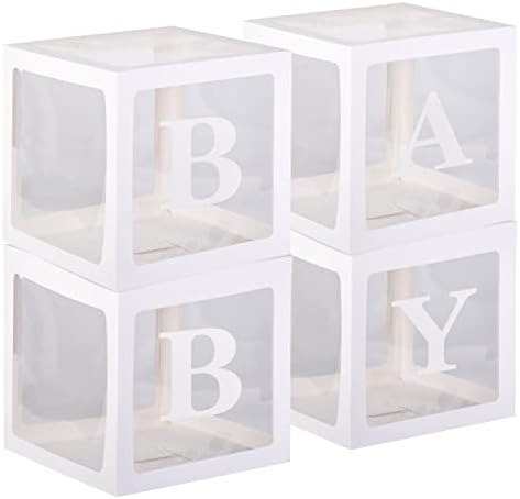 БЕЛИ Чисти Кутии За Бебиња Со Бебешки Букви Декорација На Забава-Проѕирни Кутии Со Балони Позадина-Роденденска Забава За Туширање