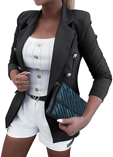 Женска обична мала тежина тенка јакна тенок палто со долг ракав копче надолу по јакната на градите џебови жени алатка црна
