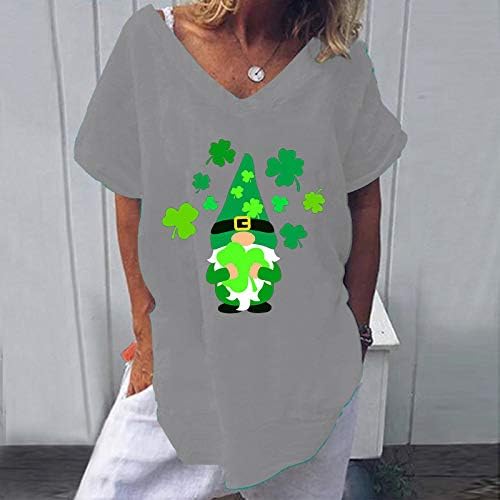 Смешни женски кошули против вратот Гном печати зелена кошула со краток ракав, жени Свети Патрик, среќен подарок маица