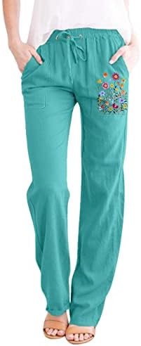 Kcjgikpok плус панталони со големина на постелнина, обични панталони со памучни постелнини со широки нозе со панталони со џебови летни панталони