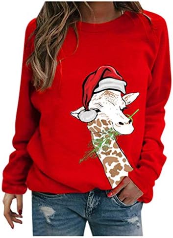 LMSXCT Women Women Long Schaive Tshirt Tops, Божиќна капа Girирафа Печати за печатење на екипаж за џемпери за џвакање, празнична
