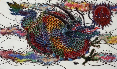Оригинално сликарство на батик уметност на памук, „Ориентален воин змеј“ од Агунг