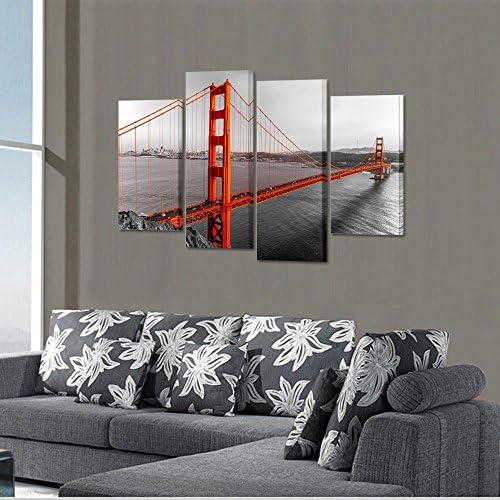 Kreative Arts Canvas Print Прекрасен мост на Голден Гејт Сан Франциско Калифорнија Црното бело црвен wallид за домашна декорација Слика Рамечена 4 панел подготвена за виси