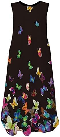 ZperVoba женски обичен садрслен лабав без ракав, долг фустан, цветен печатен сплит макси фустани летен резервоар фустан со џебови