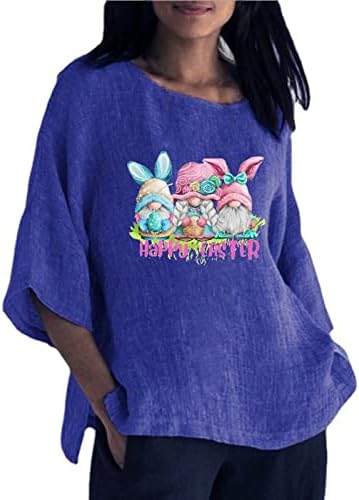 Велигденски жени памучни постелнини врвови 3/4 ракав екипаж плус големина кошула случајна разделена страна лабава блуза Симпатична зајаче