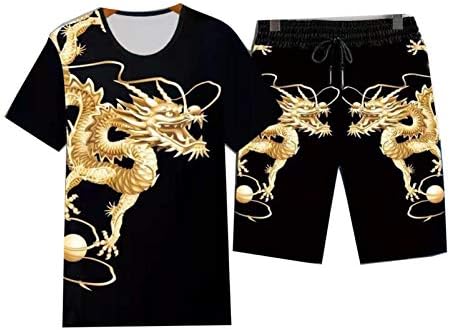3Д машка маица за спортска облека + шорцеви со 2 парчиња сет летен фитнес костум