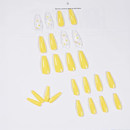 Ковчег Лажни Нокти Долг Балет Целосно Покритие Притиснете На Ноктите 24 Парчиња француска Жолта Пеперутка Нокти Совет Со Кутија За Салони