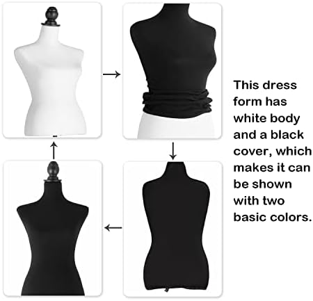 Outree Femaleенски манекен 2-во-1 фустан Форма-бел манекен тело w/ одвојлив црно торзото покритие и прилагодлив штанд за статив, за шиење на