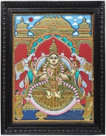 Егзотична Индија 21 x 27 Падмасана Гајалакшми Танјоре Сликање | Традиционални бои со 24к злато | Рамка од тиково дрво