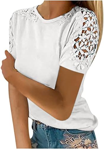 Женски симпатична чипка блуза врвна летна кратка ракав чипка шуле од обични маици со тркалезен врат бело