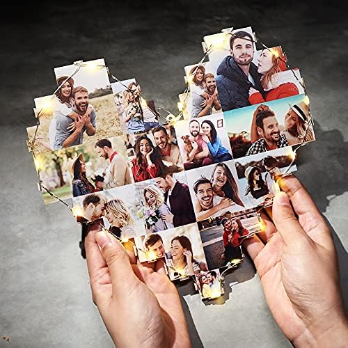 Колаж со рамка за срцеви слики со обичај 15 фото wallид што виси рамка со слика со LED светло, мулти -фото рамка колаж за семејни слики,