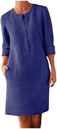 Женски памучен постелнина фустан со долга ракав за ракав со должина на кошулата со џебови со џебови
