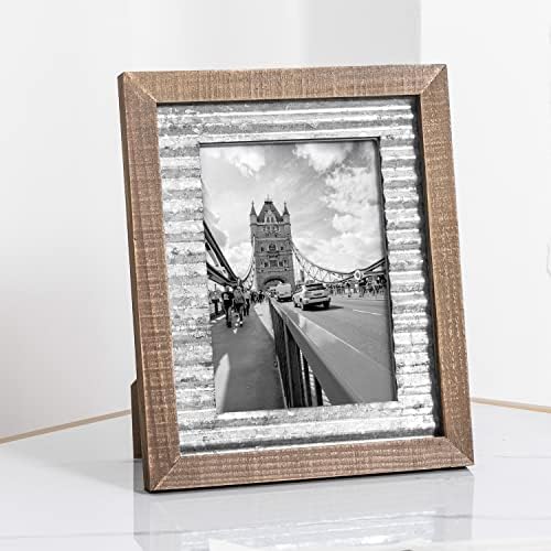 Адеко рачно изработени рустикални дрвени рамки за слики со вистинско стакло и метален лим со бран за прикажување на 5 x 7 инчи Фотографија