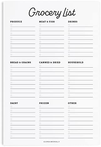 Белешка за списоци со намирници Кардамоноли - 6 x 9 инчи - 50 листови со солза - Минималистичко црно -бело планирање на оброк за планирање на оброци - подлога за список з?
