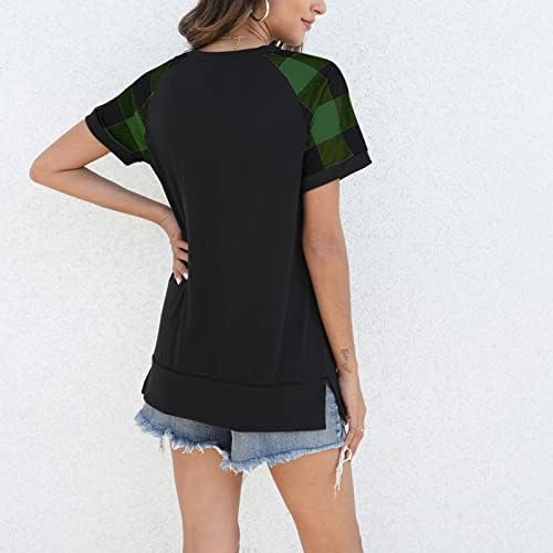Wenini женски врвови на летни маички - Classенски екипаж на вратот класичен карирана кошула за печатење врвови со кратки ракави маички блуза