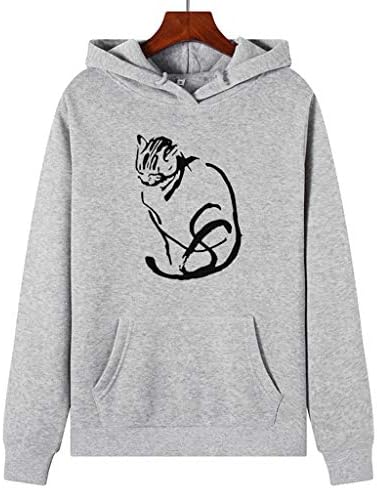 Женски симпатичен џемпер за печатење со мачки, екипаж, обичен лабава лабава качулка, џемпер со долги ракави за џеб со џеб