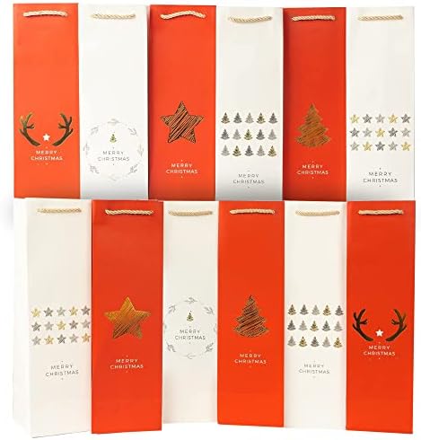 Кеси За Божиќни Шишиња, 12 Пакети Торби За Божиќни Подароци Од Златна Фолија, Божиќни Крафт-Хартиени Кеси Со Златно Дрво, Рогови и Ѕвезди