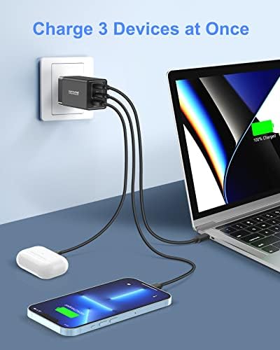 65w USB C Полнач-НАНАМИ 3-Порта Ѕид Полнач Преклопен Приклучок Блок За Брзо Полнење PD Лаптоп Полнач За MacBook Pro/Air, iPad Pro, Galaxy S23 S22,