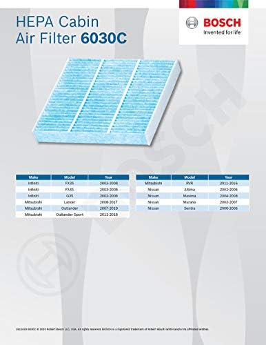 BOSCH 6030C HEPA CABIN AIR FILTER - Компатибилен со Select Infiniti FX35, FX45, G35, G37, M45, Q45; Mitsubishi Lancer, Outlander, Outlander