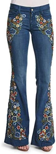 Естетски тексас фармерки за жени Везење Депониран фармерки со фармерки на половината на половината, цветно дно, долги панталони за тексас