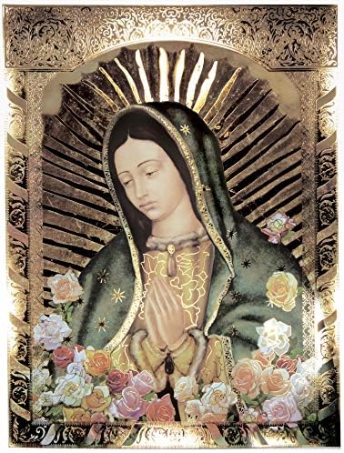 Нашата дама на Гвадалупе половина тело портрет рози злато фолија - религиозна wallидна уметност ламинат печатење Неизрачен постер