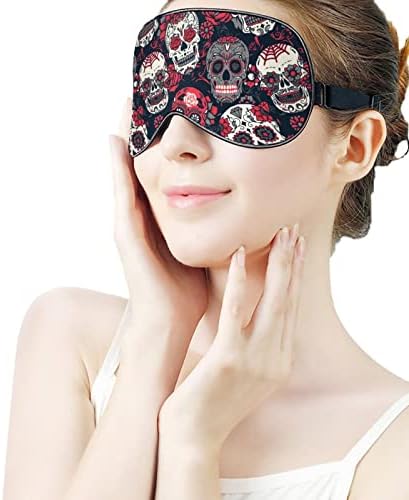 Цвеќиња со црвен череп печатено за спиење маска за очи меко слепило око со прилагодлива лента за ноќни очила за очила за мажи за