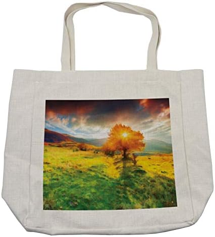 Торба за купување на пејзажи во Амбесон, илустрација на сезоната на есен со планини и ливади во ефектот на акварелот на зајдисонце,