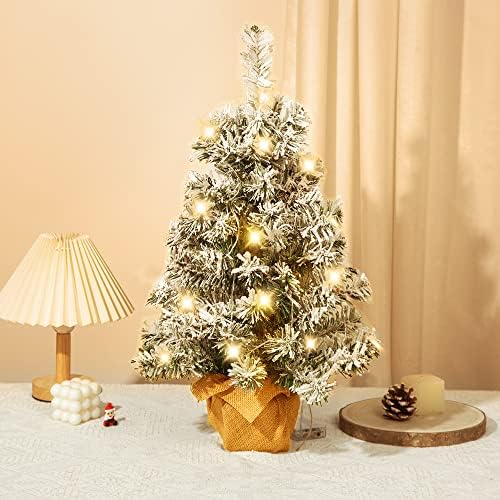 Вештачки новогодишни елки, десктоп дрво, база, 20-инчен снег се собра вештачки бор Божиќно дрво со 20 LED светла, 50 совети за
