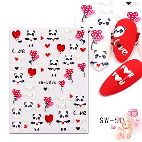 5д налепници на Денот на в Valentубените, налепници за уметност за нокти, се декларираат самолепливо црвено слатко срце, симпатична панда шарена