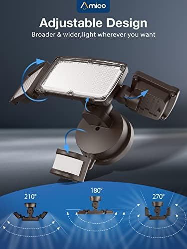 Amico 2 пакет 3 глави LED безбедносни светла со сензор за движење, прилагодливи 40W, 4000lm, 5000k, IP65 водоотпорна, надворешна светлина