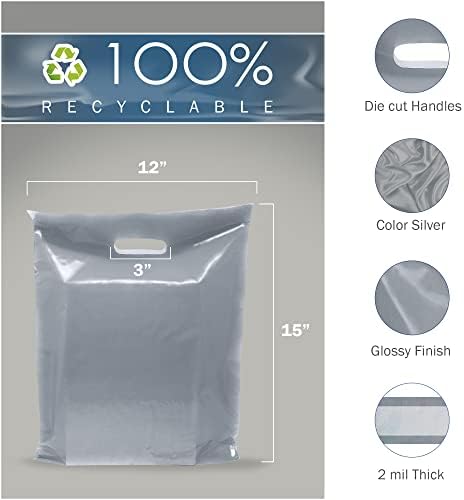 Сребрена стока Пластични кеси за купување - 100 пакувања 12 x 15 со рачки дебели 2 милји - рачки за намалување на умирање -