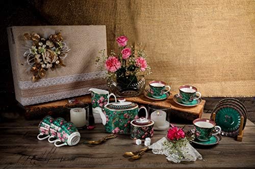 Викас Кана од Селест Мокша занаетчиски занает 24К Златен позлатен керамички чаша и чинија со чај сет во боја- сенф жолта