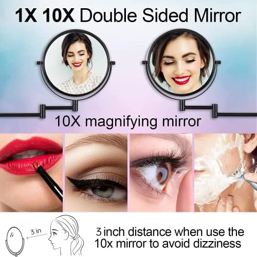 Огледало За Шминка Поставено На Ѕид ЛАНСИ, Огледало За Зголемување 1x/10X 360° Продолжено Огледало За Рака За Шминка, Двострано Огледало