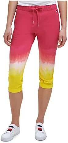 Томи Хилфигер Спорт жени розови розови џебови со ребрести ребрави, еластични манжетни омбре активни носења исечени панталони xxl